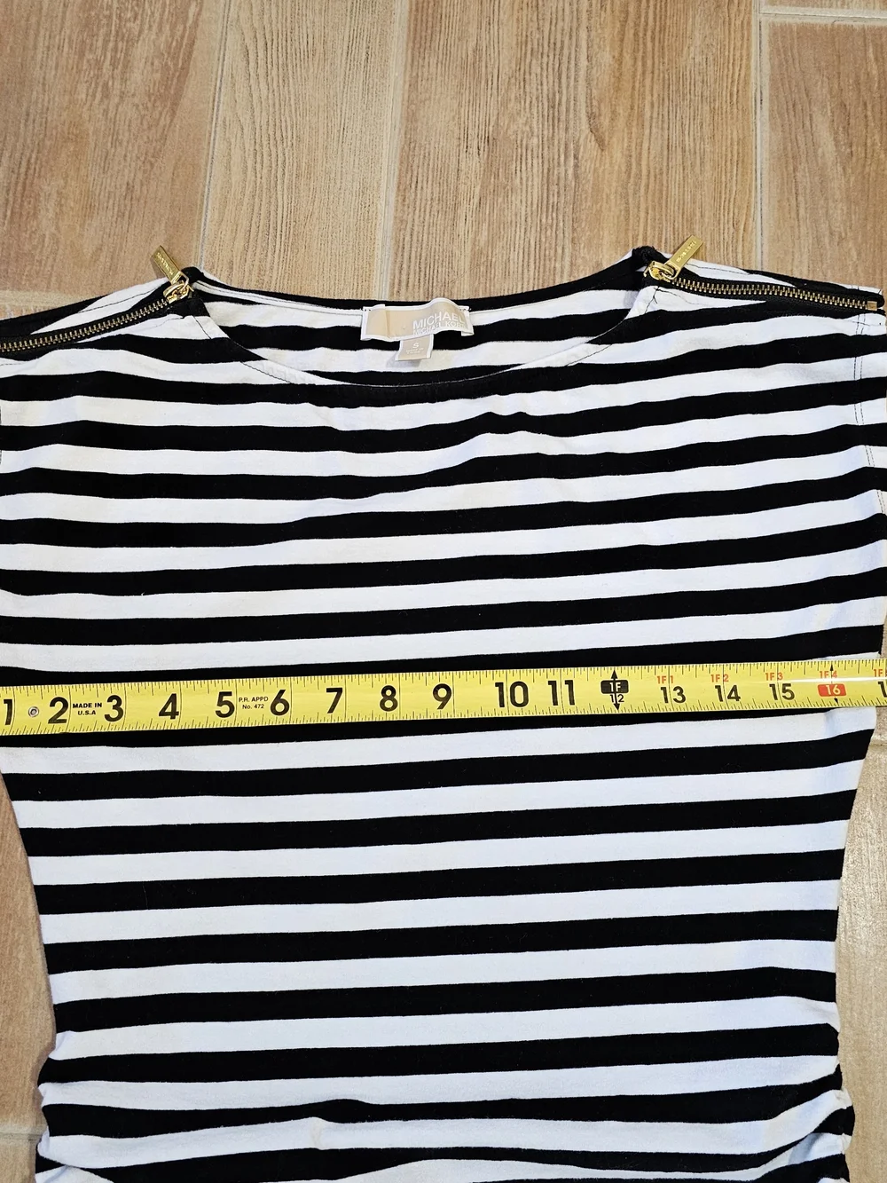 Michael Kors Black and White Striped Top with Gold Zipper, Small